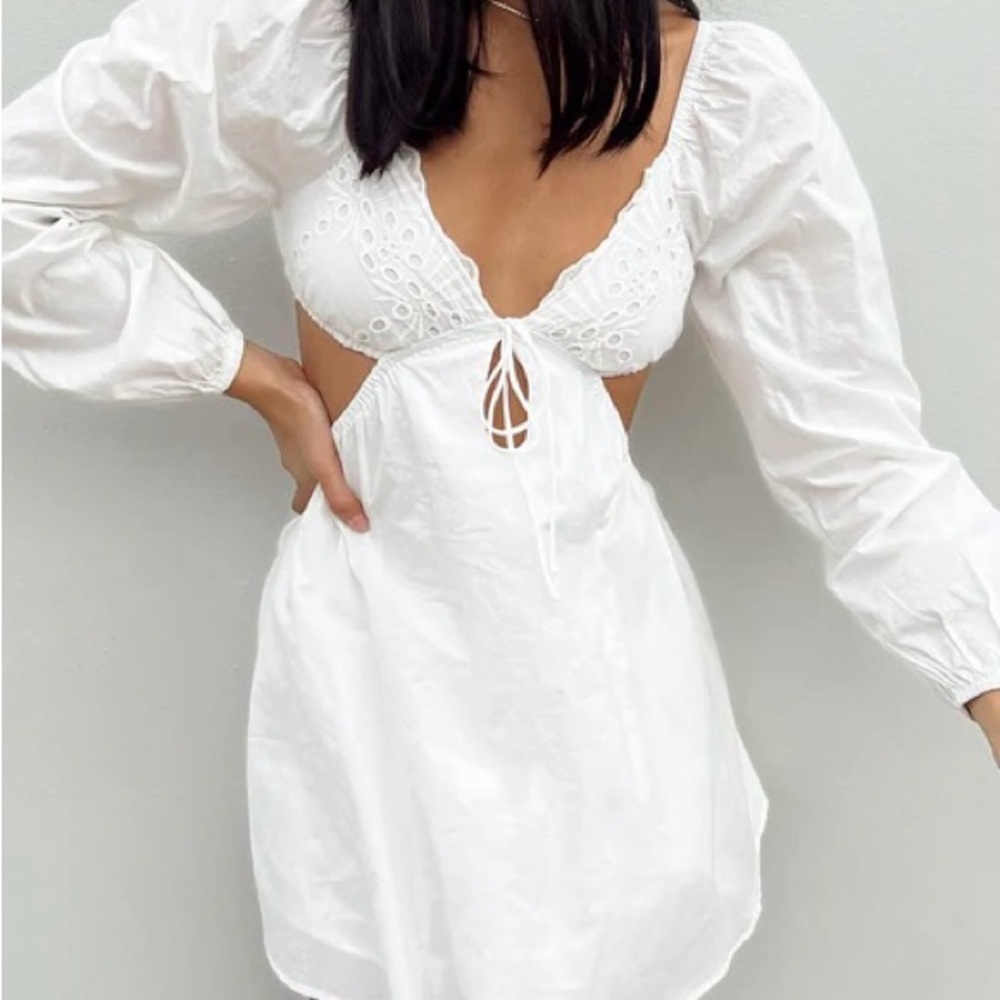 Princess Polly White Babydoll Dress with Plunge Neckline and Bishop Sleeves